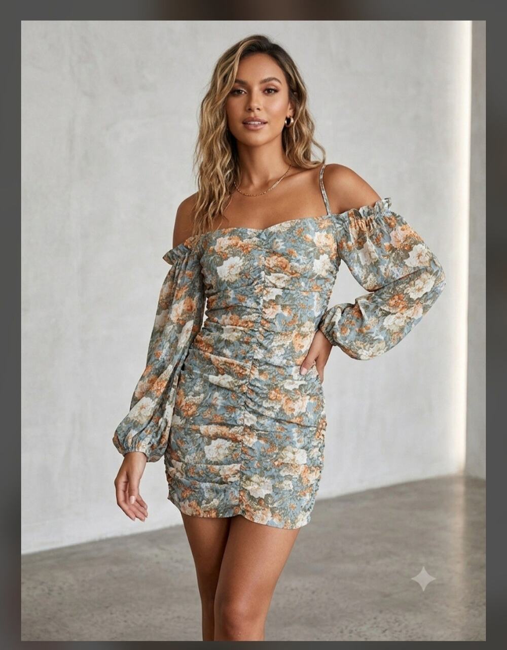 Hello Molly Blue Floral Off-Shoulder Ruched Long Sleeve Mini Dress Zip 6